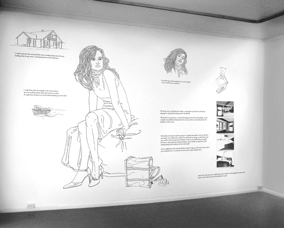 ”Prisme-drawing from 1990 to 2012” på Museet for Samtidskunst, Oslo i 2012
Tittel på verk: «Domestic Bliss», tusj på vegg, digital collage på fotopapir, ca 3 m høy, fra 2002
